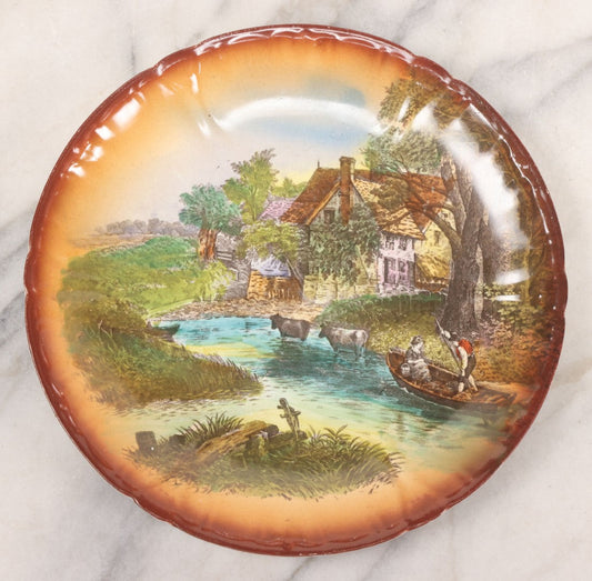 Lot 040 - Antique Hand Colored Transferware Decorative Plate Depicting Farm And Country Life Along A River, Franz Anton Mehlem Porcelain, Bonn, Germany, Circa Late 19th Century, 8-1/2" Diameter