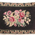 Lot 041 - Vintage Rectangular Hooked Rug With Many Colors Of Flowers, Black Surround With Low Contrast Purple Decorative Fill, Scroll Motif Border, 37-1/4" x 24-1/4"