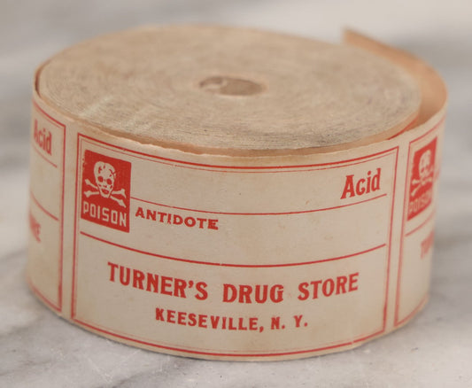 Lot 042 - Antique New Old Stock N.O.S. Roll Of 100+ Unused Acid Poison Labels, With Skull And Crossbones Poison Symbol, Place To List Antidote, From Turner's Drug Store, Keeseville, New York, M.C. Turner, Proprietor