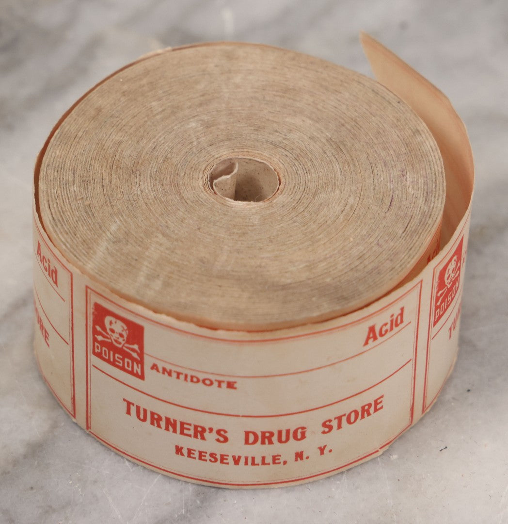 Lot 042 - Antique New Old Stock N.O.S. Roll Of 100+ Unused Acid Poison Labels, With Skull And Crossbones Poison Symbol, Place To List Antidote, From Turner's Drug Store, Keeseville, New York, M.C. Turner, Proprietor