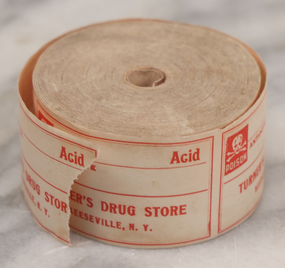 Lot 042 - Antique New Old Stock N.O.S. Roll Of 100+ Unused Acid Poison Labels, With Skull And Crossbones Poison Symbol, Place To List Antidote, From Turner's Drug Store, Keeseville, New York, M.C. Turner, Proprietor