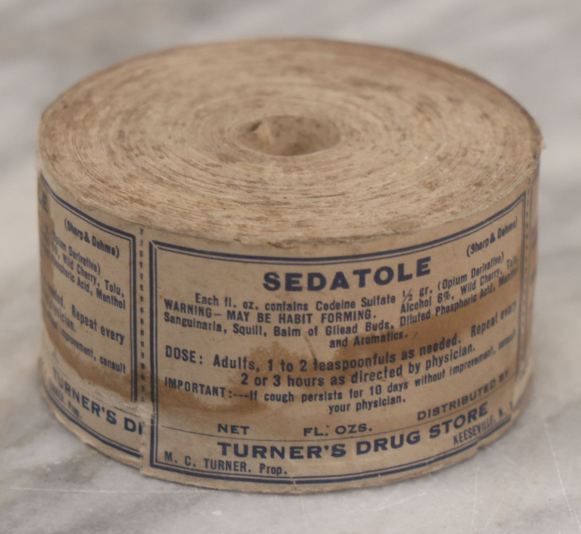 Lot 043 - Antique New Old Stock N.O.S. Roll Of 100+ Unused "Sedatole" Medicine Labels, Contains Codeine Sulfate (Opium Derivative), From Turner's Drug Store, Keeseville, New York, M.C. Turner, Proprietor