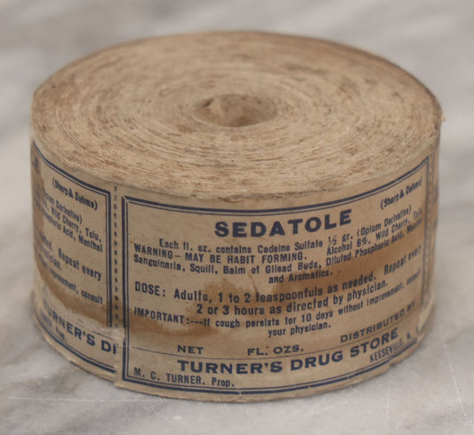 Lot 043 - Antique New Old Stock N.O.S. Roll Of 100+ Unused "Sedatole" Medicine Labels, Contains Codeine Sulfate (Opium Derivative), From Turner's Drug Store, Keeseville, New York, M.C. Turner, Proprietor