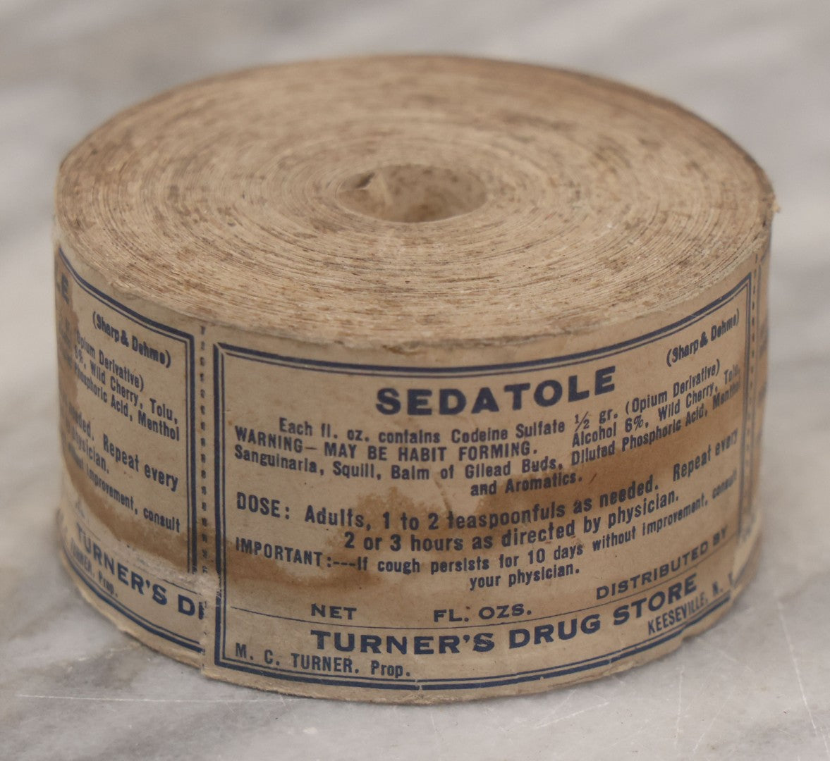 Lot 043 - Antique New Old Stock N.O.S. Roll Of 100+ Unused "Sedatole" Medicine Labels, Contains Codeine Sulfate (Opium Derivative), From Turner's Drug Store, Keeseville, New York, M.C. Turner, Proprietor