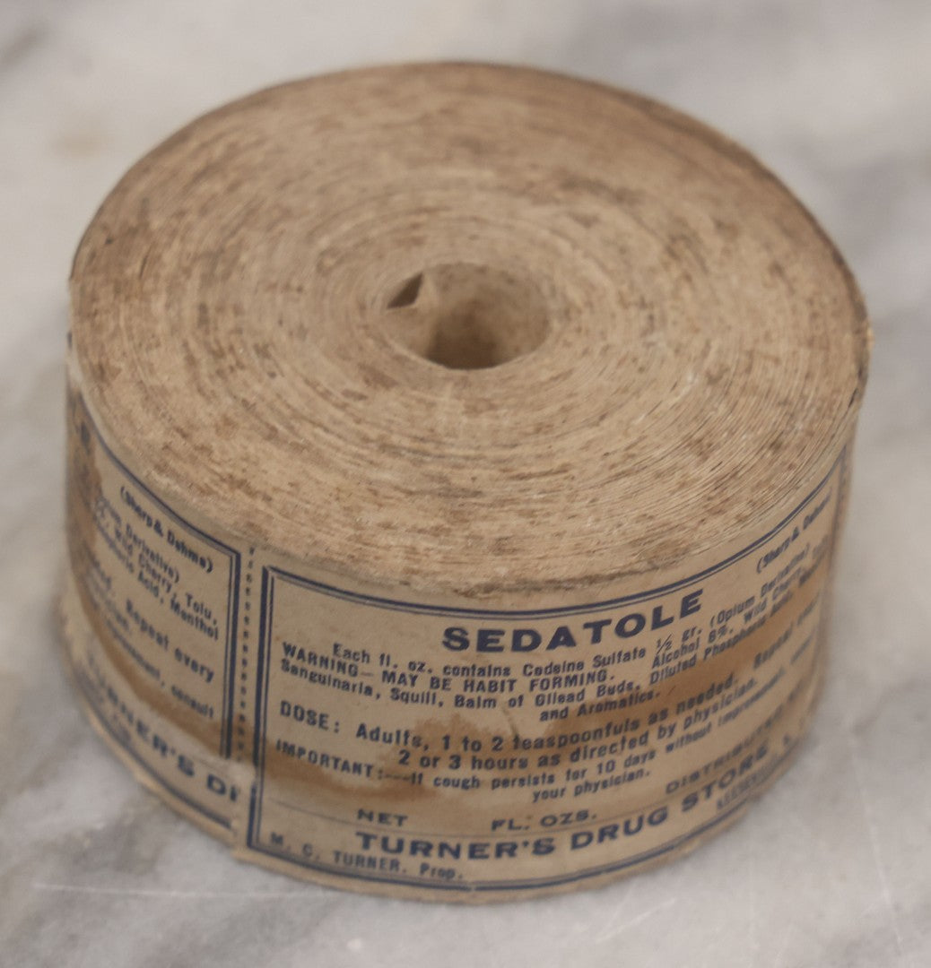 Lot 043 - Antique New Old Stock N.O.S. Roll Of 100+ Unused "Sedatole" Medicine Labels, Contains Codeine Sulfate (Opium Derivative), From Turner's Drug Store, Keeseville, New York, M.C. Turner, Proprietor