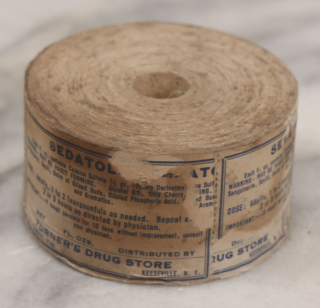 Lot 043 - Antique New Old Stock N.O.S. Roll Of 100+ Unused "Sedatole" Medicine Labels, Contains Codeine Sulfate (Opium Derivative), From Turner's Drug Store, Keeseville, New York, M.C. Turner, Proprietor