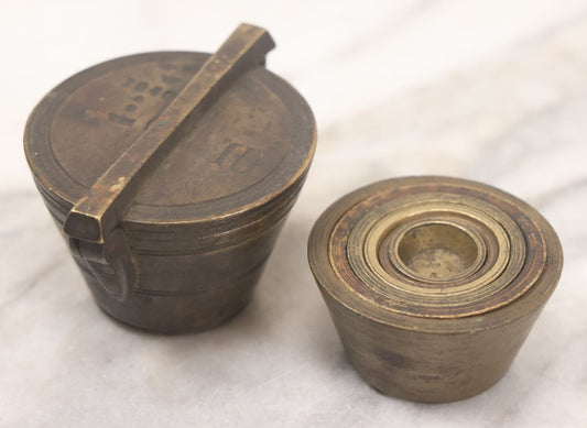 Lot 046 - Antique Bronze Nested Apothecary Or Military Measuring Cup Weight Set, Seven Total Pieces, With Swedish Kronor Symbol, Marked 1840