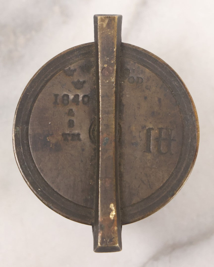 Lot 046 - Antique Bronze Nested Apothecary Or Military Measuring Cup Weight Set, Seven Total Pieces, With Swedish Kronor Symbol, Marked 1840