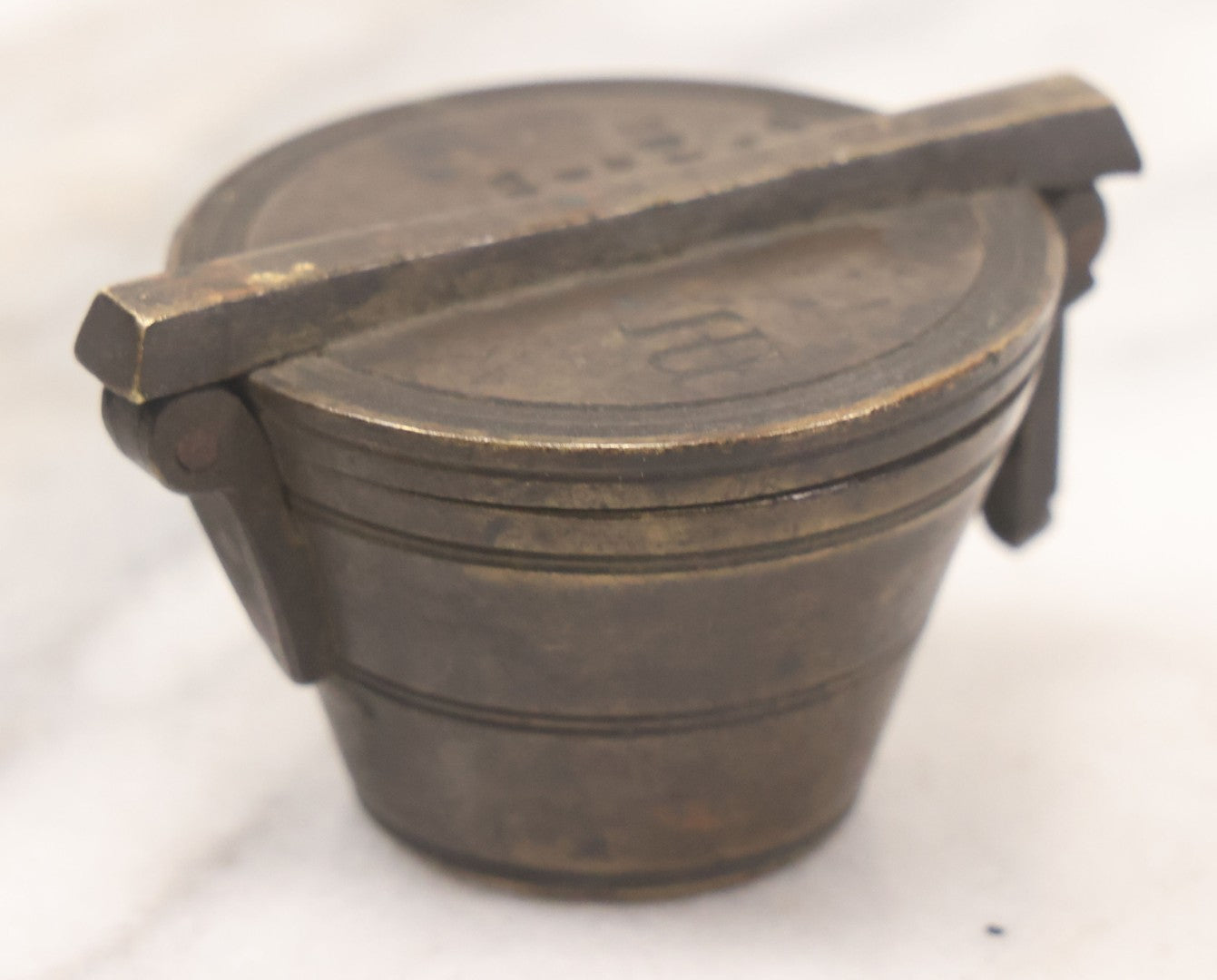 Lot 046 - Antique Bronze Nested Apothecary Or Military Measuring Cup Weight Set, Seven Total Pieces, With Swedish Kronor Symbol, Marked 1840
