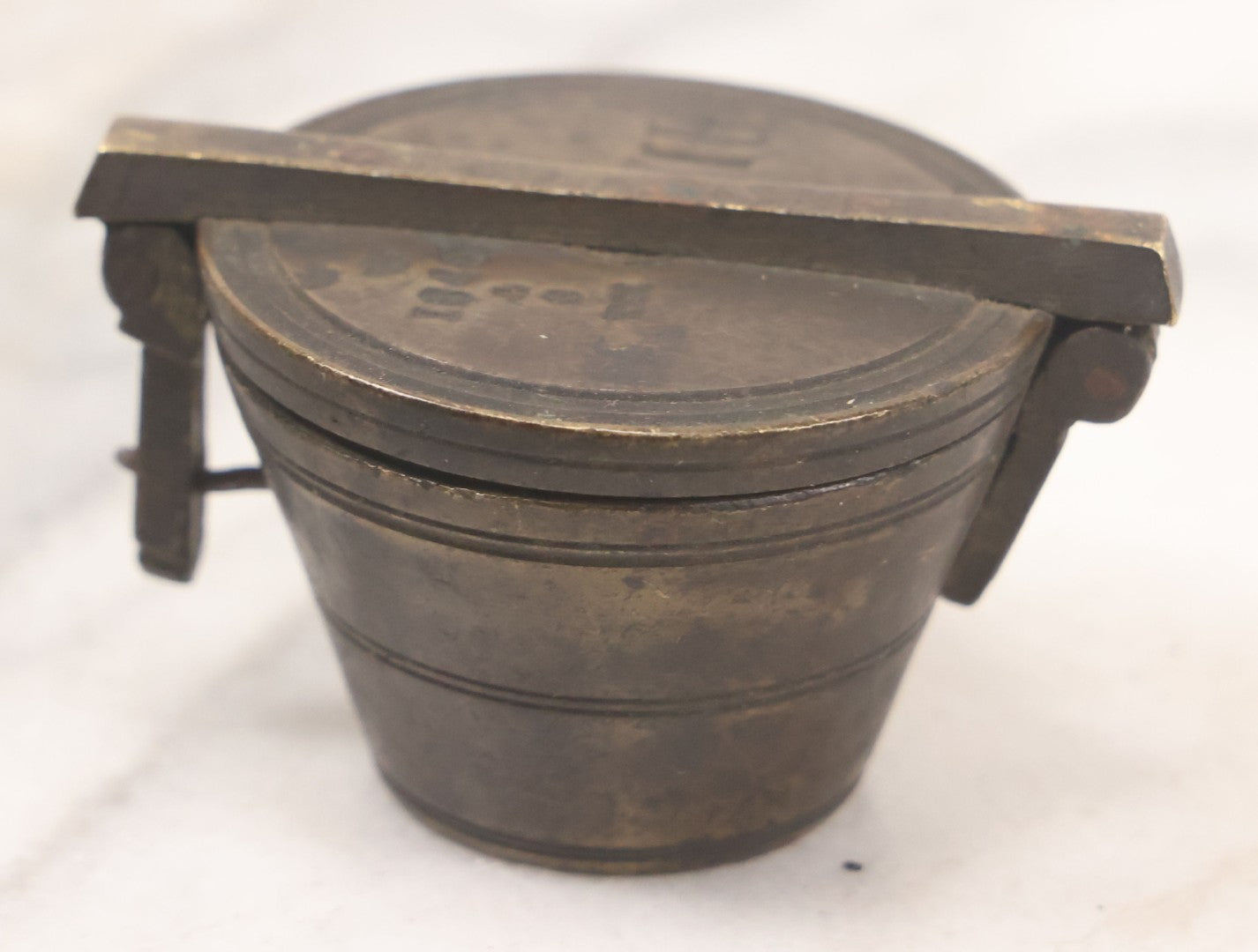Lot 046 - Antique Bronze Nested Apothecary Or Military Measuring Cup Weight Set, Seven Total Pieces, With Swedish Kronor Symbol, Marked 1840