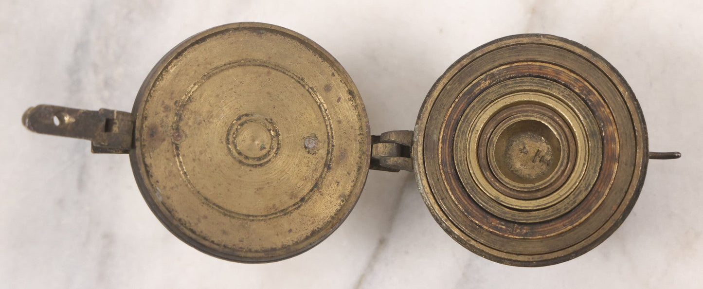 Lot 046 - Antique Bronze Nested Apothecary Or Military Measuring Cup Weight Set, Seven Total Pieces, With Swedish Kronor Symbol, Marked 1840