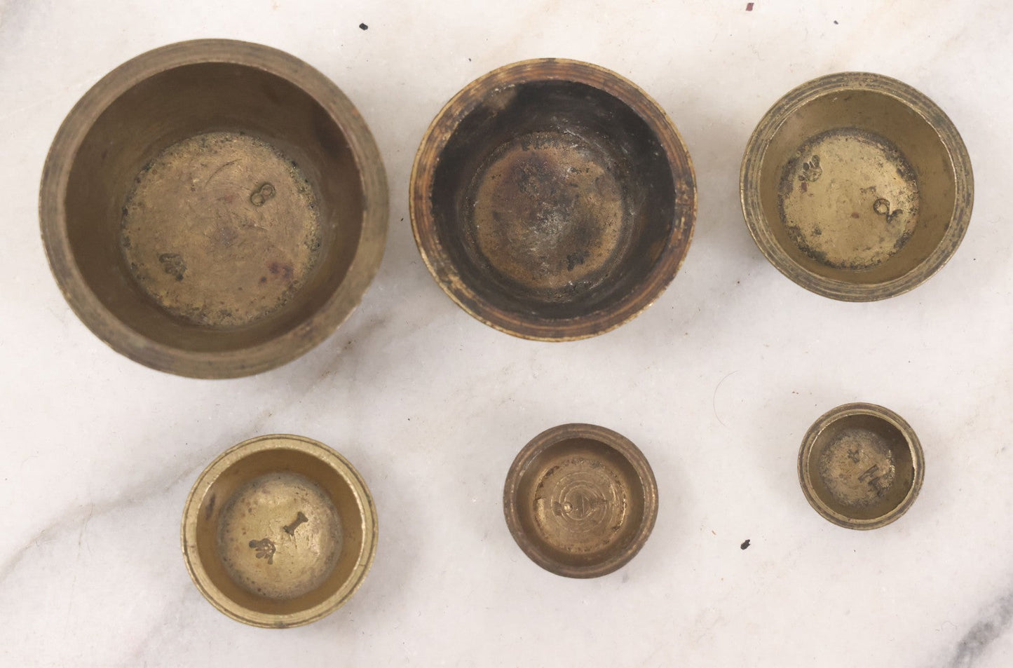 Lot 046 - Antique Bronze Nested Apothecary Or Military Measuring Cup Weight Set, Seven Total Pieces, With Swedish Kronor Symbol, Marked 1840