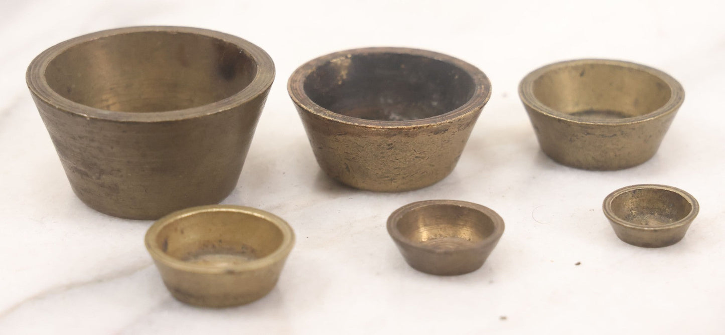 Lot 046 - Antique Bronze Nested Apothecary Or Military Measuring Cup Weight Set, Seven Total Pieces, With Swedish Kronor Symbol, Marked 1840