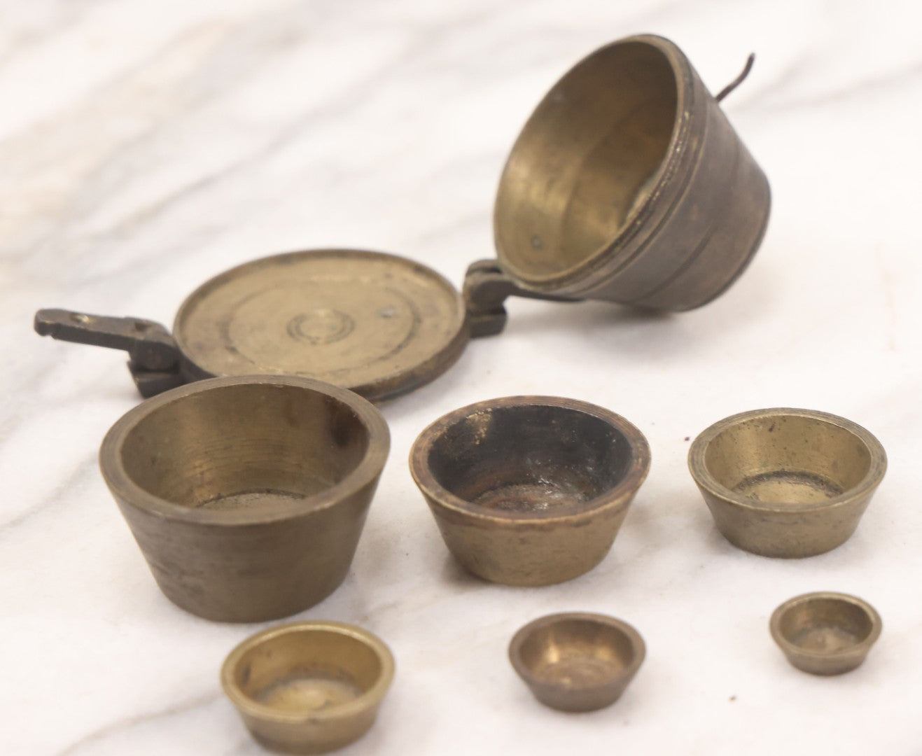 Lot 046 - Antique Bronze Nested Apothecary Or Military Measuring Cup Weight Set, Seven Total Pieces, With Swedish Kronor Symbol, Marked 1840
