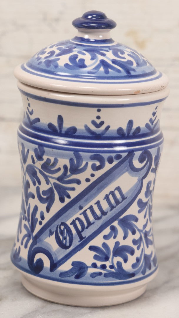 Lot 047 - Contemporary Replica Catalan Ceramic Pharmacy Apothecary "Opium" Jar, Fantasy Item, Artist Signed, J. Baday, Barcelona, Spain, 6-3/8" H