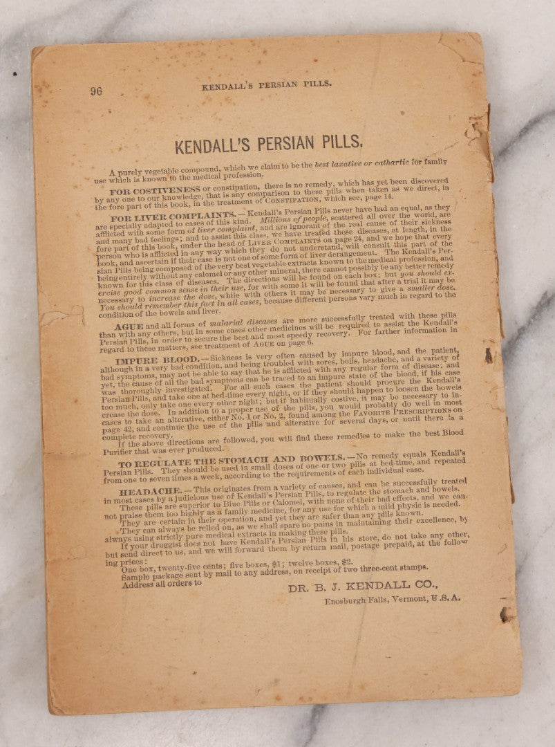 Lot 050 - "The Doctor At Home, Illustrated: Treating The Diseases Of Man And The Horse" Antique Illustrated Medical Booklet By Dr. B.J. Kendall Co., Enosburg Falls, Vermont, 1887