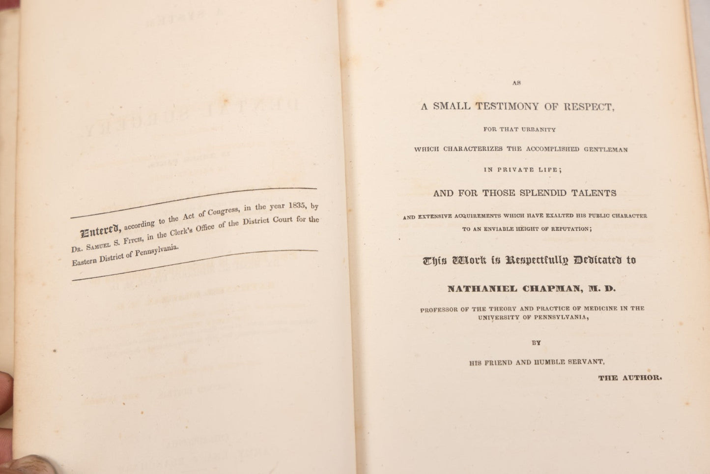 Lot 054 - "Fitch's Dental Surgery: A System Of Dental Surgery In Three Parts" Antique Medical Dentistry Book By Samuel Sheldon Mitch, M.D., Second Edition, Published By Carey, Lea, & Blanchard, Philadelphia, 1835