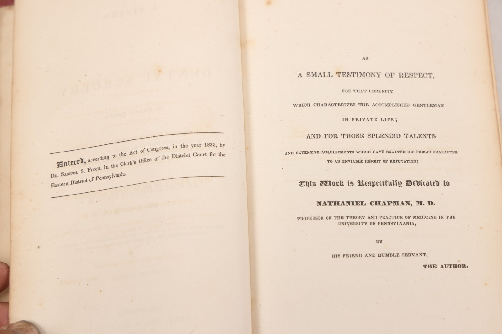 Lot 054 - "Fitch's Dental Surgery: A System Of Dental Surgery In Three Parts" Antique Medical Dentistry Book By Samuel Sheldon Mitch, M.D., Second Edition, Published By Carey, Lea, & Blanchard, Philadelphia, 1835