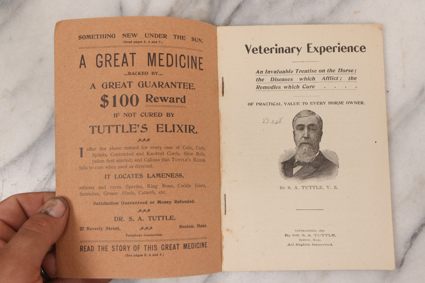 Lot 058 - "Veterinary Experience" Antique Booklet By S.A. Tuttle, Veterinary Surgeon, "A Practical Guide For The Cure Of Diseases Of The Horse," Illustrated, Copyright 1897, Boston, Massachusetts