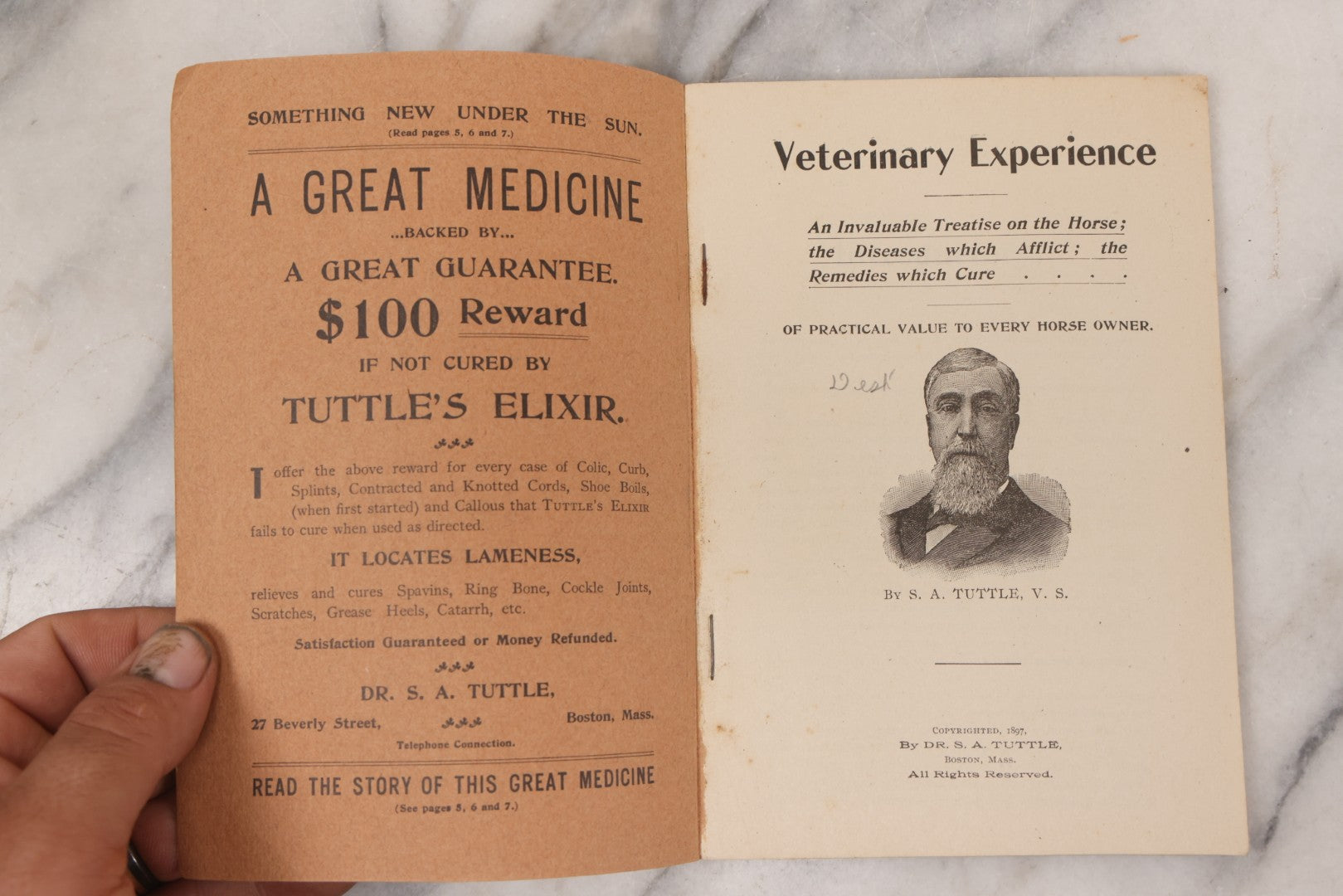 Lot 058 - "Veterinary Experience" Antique Booklet By S.A. Tuttle, Veterinary Surgeon, "A Practical Guide For The Cure Of Diseases Of The Horse," Illustrated, Copyright 1897, Boston, Massachusetts