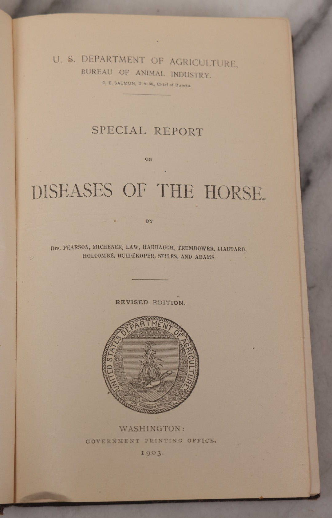 Lot 059 - "Special Report On Diseases Of The Horse" By Drs. Pearson, Michener, Law, Et Al., Illustrated, Published By The U.S. Department Of Agriculture, Bureau Of Animal Industry, Government Printing Office, Washington, 1903