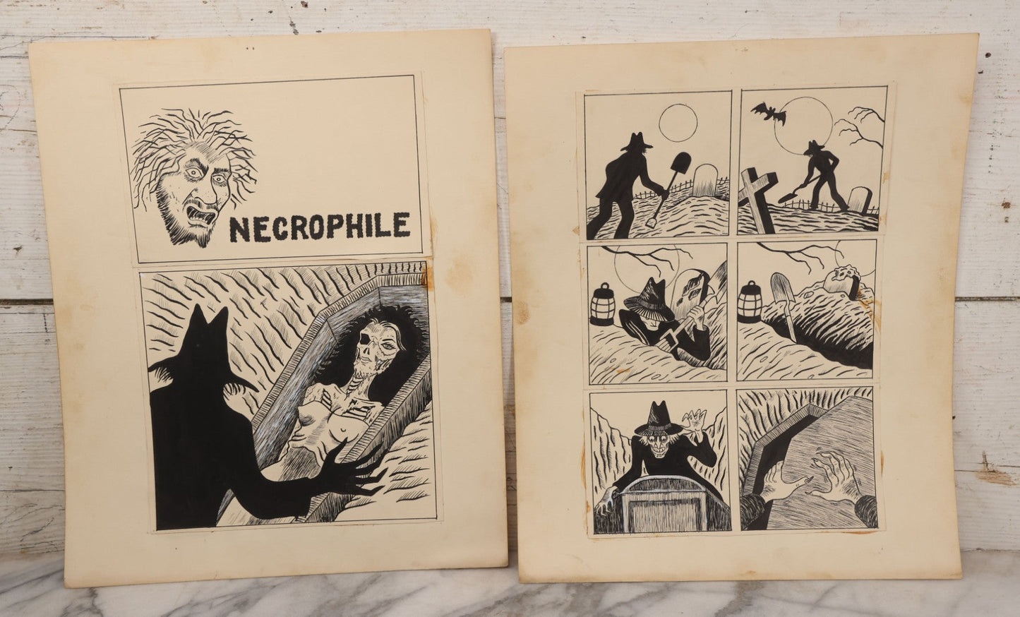 Lot 062 - Pair Of Vintage "Necrophile" Original Hand Drawn Pen And Ink Underground Comic Book Art Panels, Grave Robber Scenes, Attributed To D.K. (D.F.K.), Circa 1970-1975, On Artist Paper, 14" x 17"