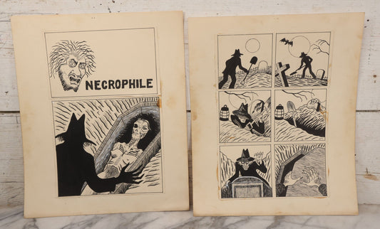 Lot 062 - Pair Of Vintage "Necrophile" Original Hand Drawn Pen And Ink Underground Comic Book Art Panels, Grave Robber Scenes, Attributed To D.K. (D.F.K.), Circa 1970-1975, On Artist Paper, 14" x 17"