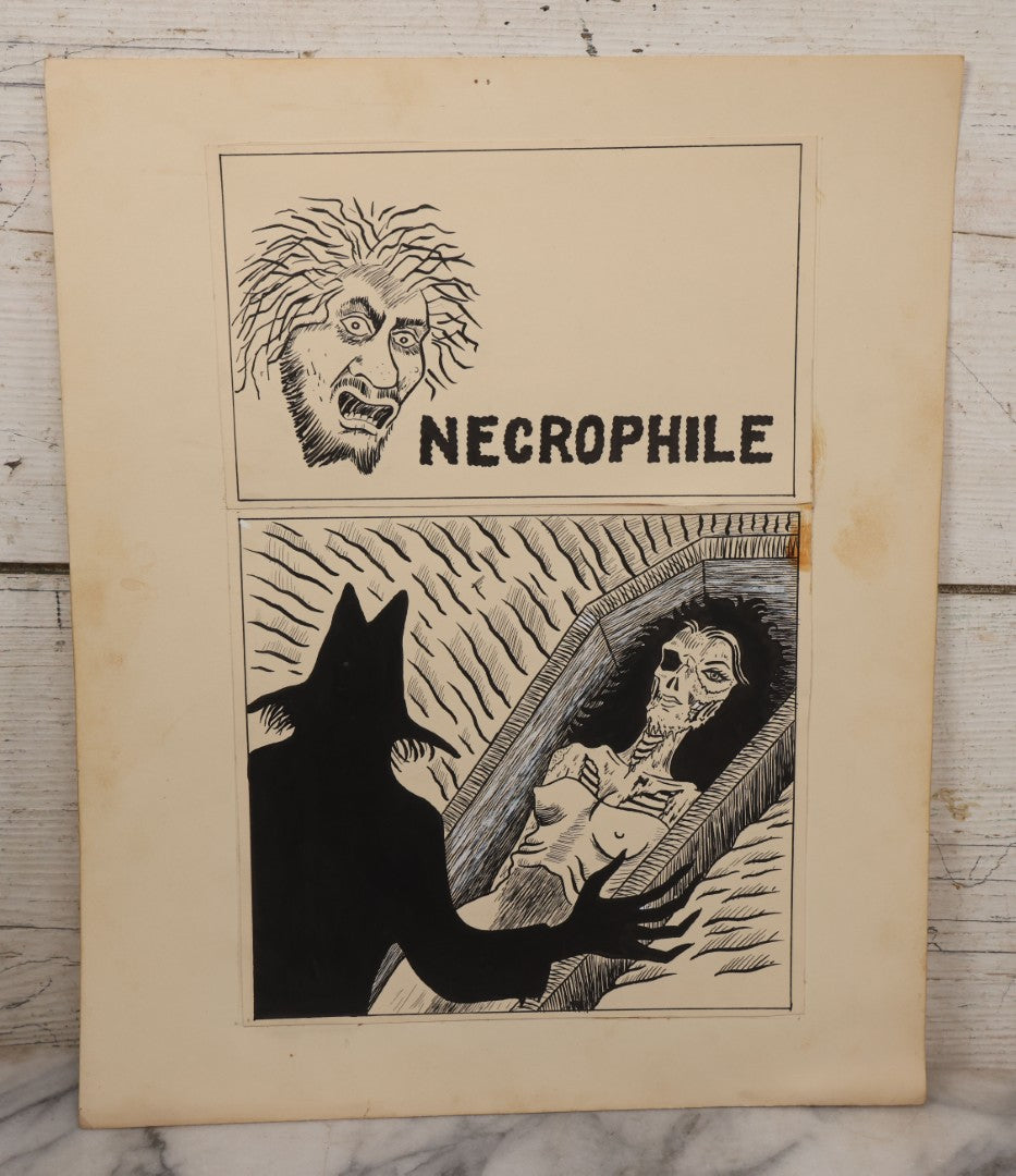 Lot 062 - Pair Of Vintage "Necrophile" Original Hand Drawn Pen And Ink Underground Comic Book Art Panels, Grave Robber Scenes, Attributed To D.K. (D.F.K.), Circa 1970-1975, On Artist Paper, 14" x 17"