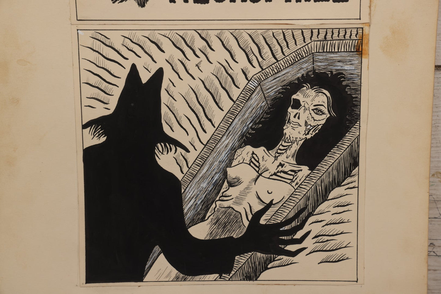 Lot 062 - Pair Of Vintage "Necrophile" Original Hand Drawn Pen And Ink Underground Comic Book Art Panels, Grave Robber Scenes, Attributed To D.K. (D.F.K.), Circa 1970-1975, On Artist Paper, 14" x 17"