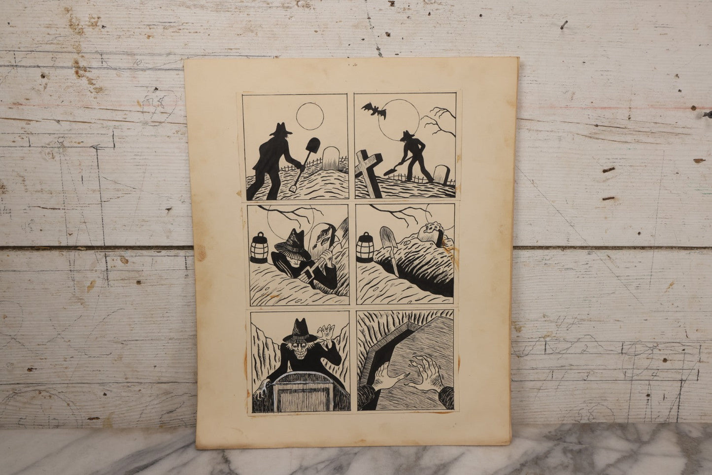 Lot 062 - Pair Of Vintage "Necrophile" Original Hand Drawn Pen And Ink Underground Comic Book Art Panels, Grave Robber Scenes, Attributed To D.K. (D.F.K.), Circa 1970-1975, On Artist Paper, 14" x 17"