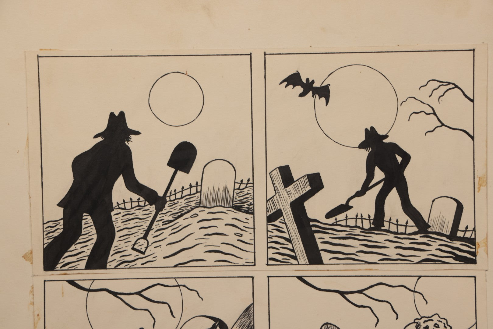 Lot 062 - Pair Of Vintage "Necrophile" Original Hand Drawn Pen And Ink Underground Comic Book Art Panels, Grave Robber Scenes, Attributed To D.K. (D.F.K.), Circa 1970-1975, On Artist Paper, 14" x 17"