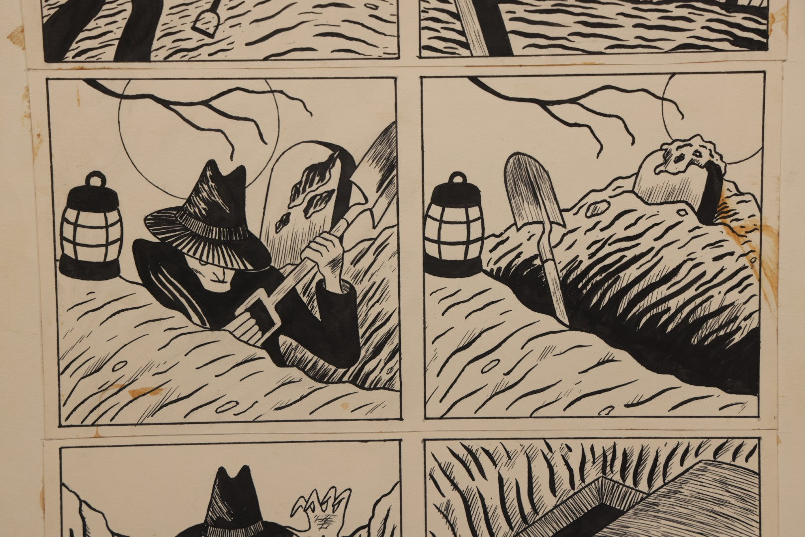 Lot 062 - Pair Of Vintage "Necrophile" Original Hand Drawn Pen And Ink Underground Comic Book Art Panels, Grave Robber Scenes, Attributed To D.K. (D.F.K.), Circa 1970-1975, On Artist Paper, 14" x 17"