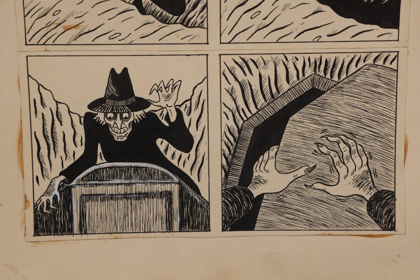 Lot 062 - Pair Of Vintage "Necrophile" Original Hand Drawn Pen And Ink Underground Comic Book Art Panels, Grave Robber Scenes, Attributed To D.K. (D.F.K.), Circa 1970-1975, On Artist Paper, 14" x 17"