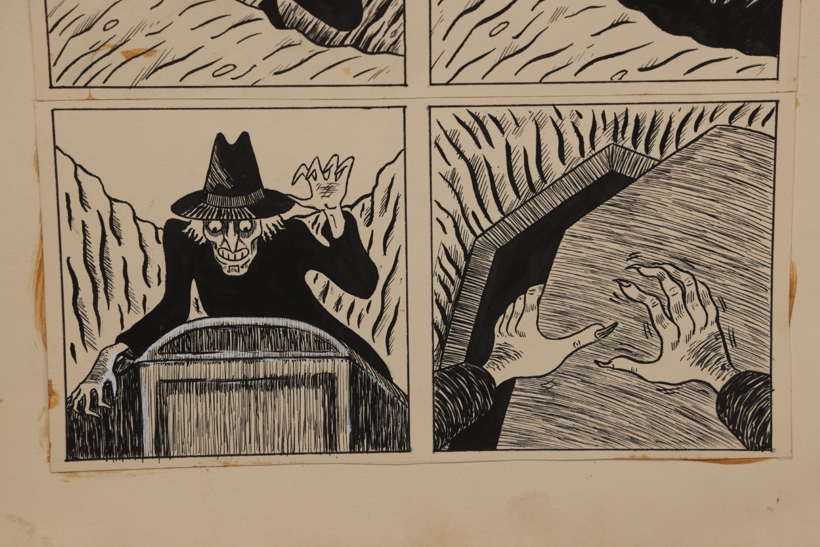 Lot 062 - Pair Of Vintage "Necrophile" Original Hand Drawn Pen And Ink Underground Comic Book Art Panels, Grave Robber Scenes, Attributed To D.K. (D.F.K.), Circa 1970-1975, On Artist Paper, 14" x 17"