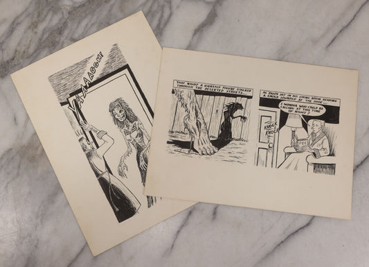 Lot 063 - Pair Of Vintage Horror Themed Original Hand Drawn Pen And Ink Underground Comic Book Art Panels, Zombie Bride Haunts Man Reading Poe, Attributed To D.K. (D.F.K.), Circa 1970-1975, On Artist Paper, 12" x 9"