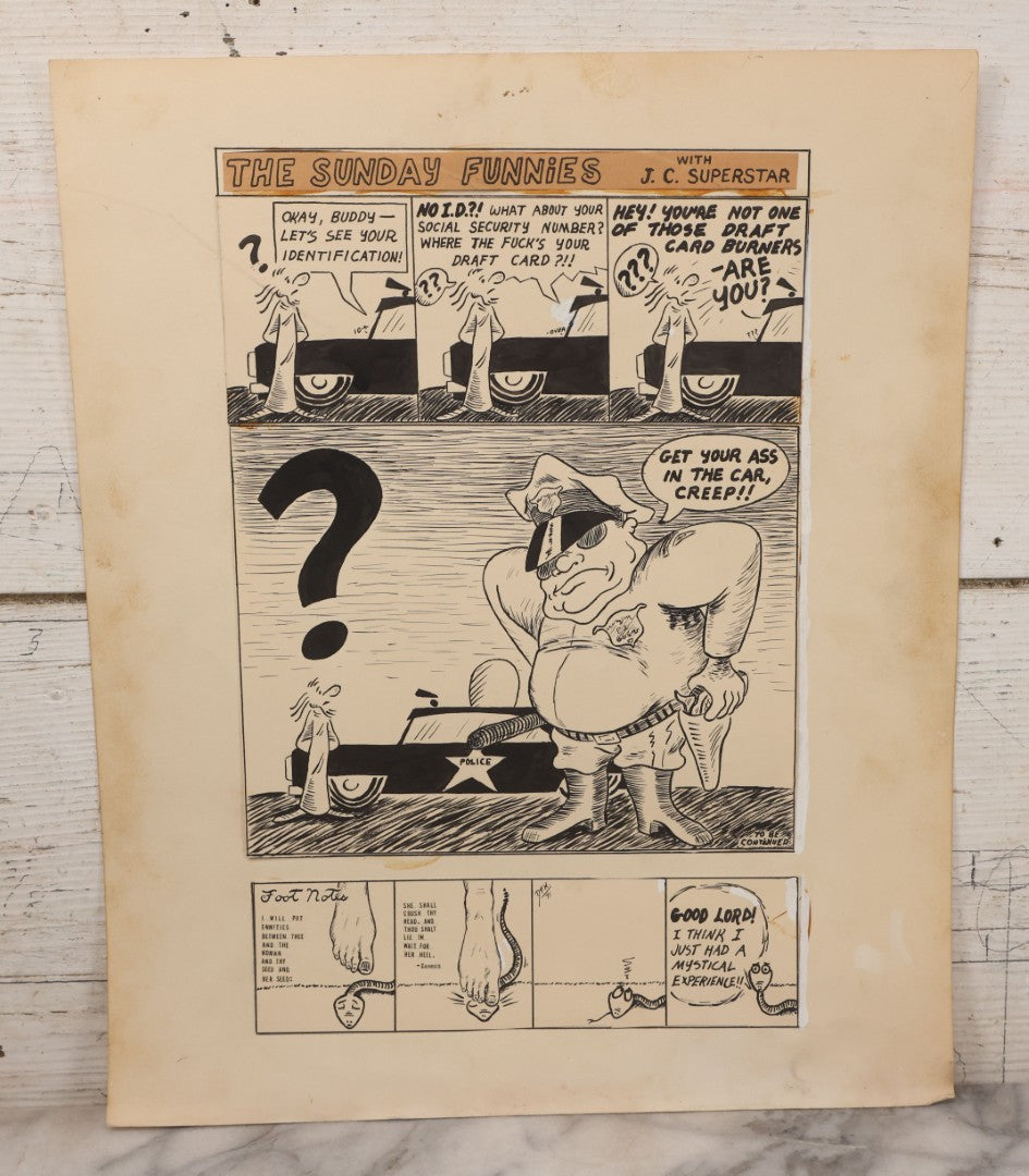 Lot 064 - Vintage "The Sunday Funnies With J.C. Superstar" And "Footnotes" Original Hand Drawn Pen And Ink Underground Comic Book Art, Artist Signed D.F.K., 1971, On Artist Paper, 13-7/8" x 16-7/8"