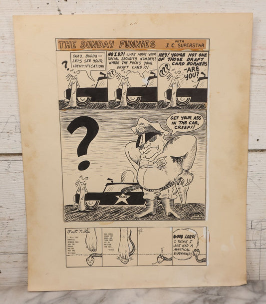 Lot 064 - Vintage "The Sunday Funnies With J.C. Superstar" And "Footnotes" Original Hand Drawn Pen And Ink Underground Comic Book Art, Artist Signed D.F.K., 1971, On Artist Paper, 13-7/8" x 16-7/8"
