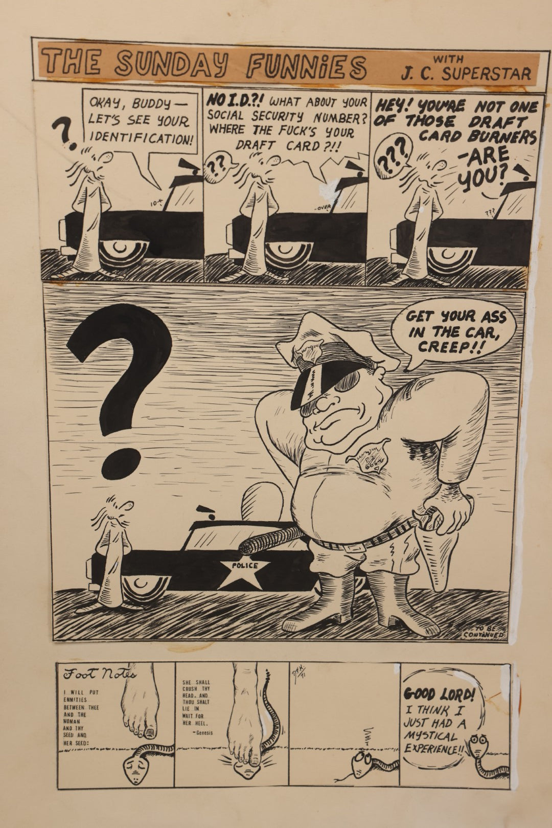 Lot 064 - Vintage "The Sunday Funnies With J.C. Superstar" And "Footnotes" Original Hand Drawn Pen And Ink Underground Comic Book Art, Artist Signed D.F.K., 1971, On Artist Paper, 13-7/8" x 16-7/8"