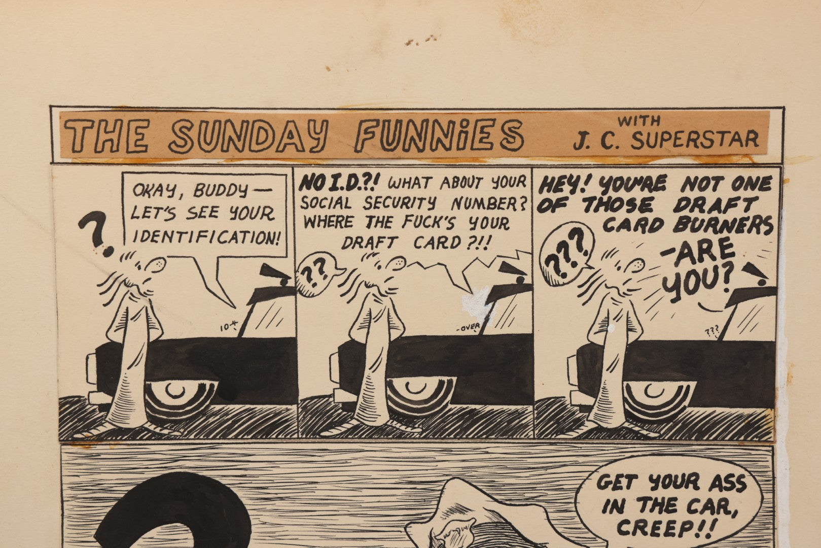 Lot 064 - Vintage "The Sunday Funnies With J.C. Superstar" And "Footnotes" Original Hand Drawn Pen And Ink Underground Comic Book Art, Artist Signed D.F.K., 1971, On Artist Paper, 13-7/8" x 16-7/8"
