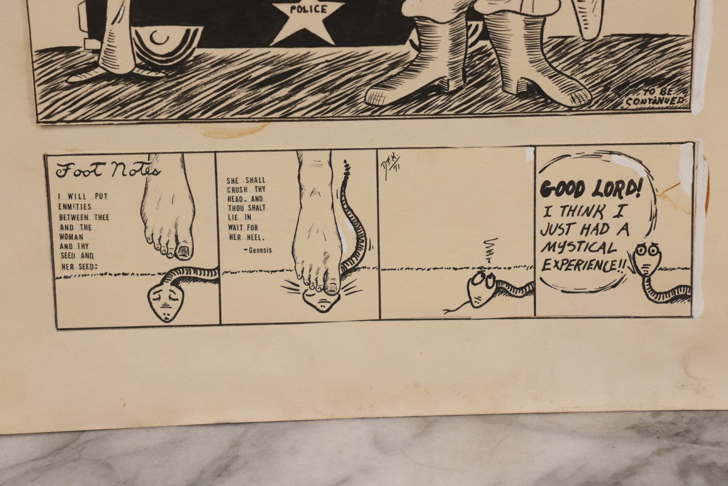 Lot 064 - Vintage "The Sunday Funnies With J.C. Superstar" And "Footnotes" Original Hand Drawn Pen And Ink Underground Comic Book Art, Artist Signed D.F.K., 1971, On Artist Paper, 13-7/8" x 16-7/8"