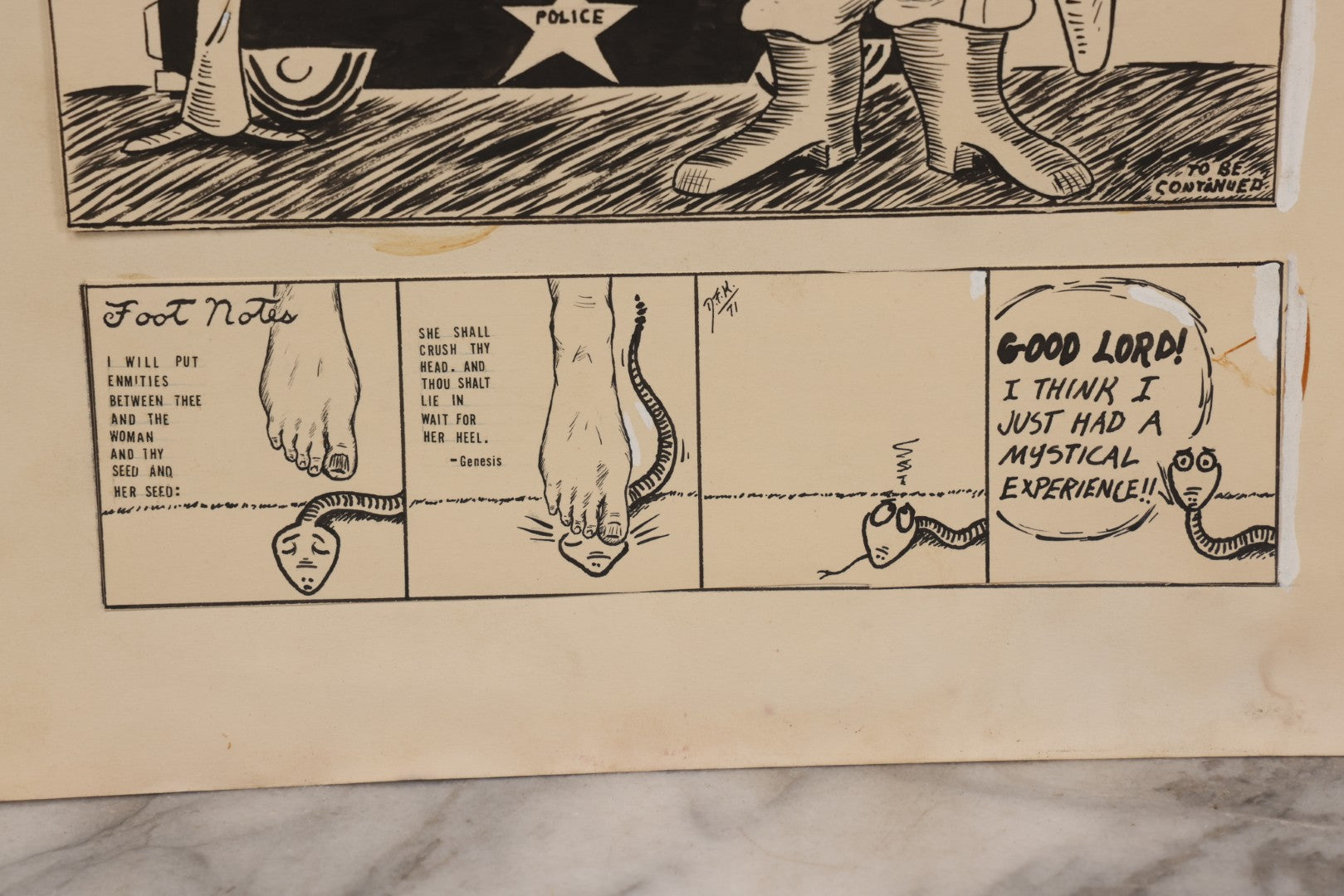 Lot 064 - Vintage "The Sunday Funnies With J.C. Superstar" And "Footnotes" Original Hand Drawn Pen And Ink Underground Comic Book Art, Artist Signed D.F.K., 1971, On Artist Paper, 13-7/8" x 16-7/8"