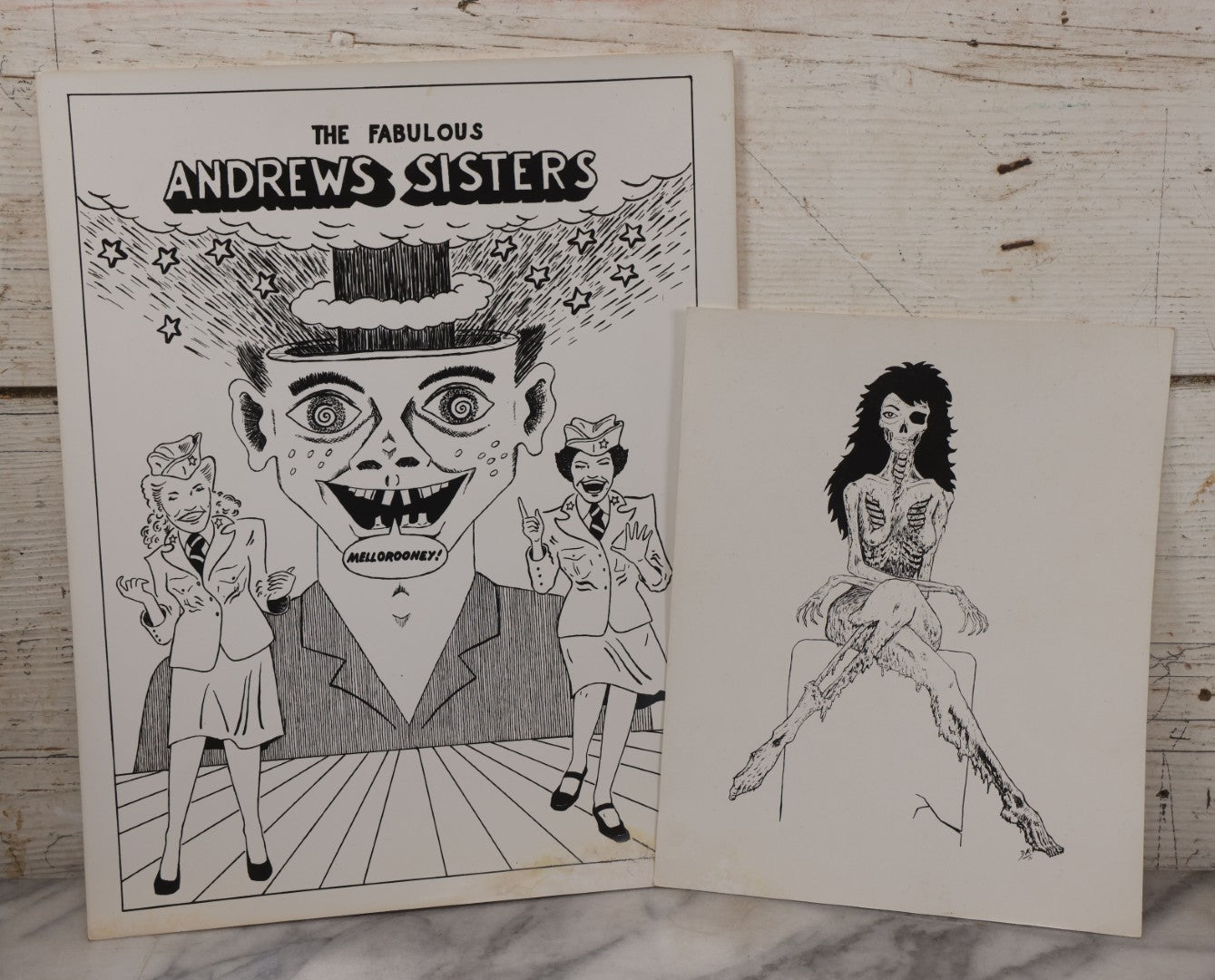 Lot 065 - Pair Of Vintage Underground Comic Book Style Poster Prints, "The Fabulous Andrews Sisters" And Zombie Woman Pin-Up, Signed In Print D.F.K. 1974 And D.K. '71, Respectively, On Glossy Paper 