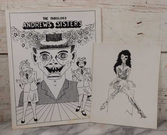 Lot 065 - Pair Of Vintage Underground Comic Book Style Poster Prints, "The Fabulous Andrews Sisters" And Zombie Woman Pin-Up, Signed In Print D.F.K. 1974 And D.K. '71, Respectively, On Glossy Paper 