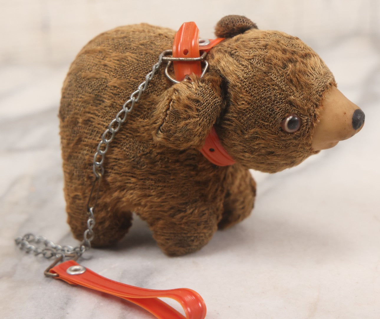 Lot 067 - Vintage Straw Stuffed Bear Toy With Rubber Nose, Collar, And Leash