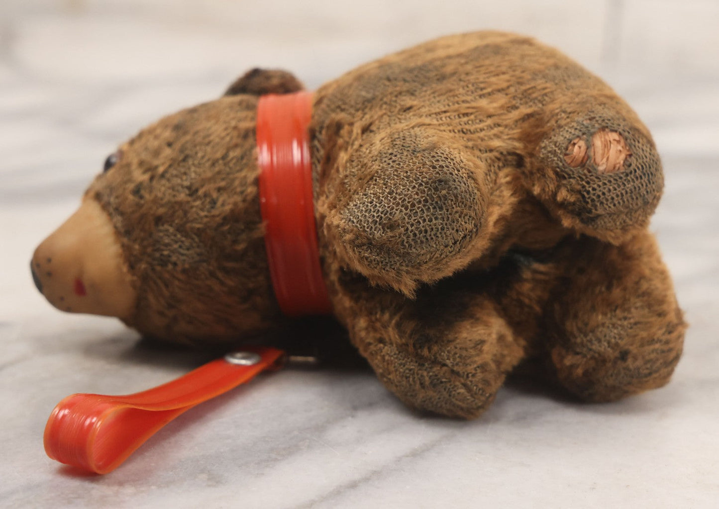 Lot 067 - Vintage Straw Stuffed Bear Toy With Rubber Nose, Collar, And Leash