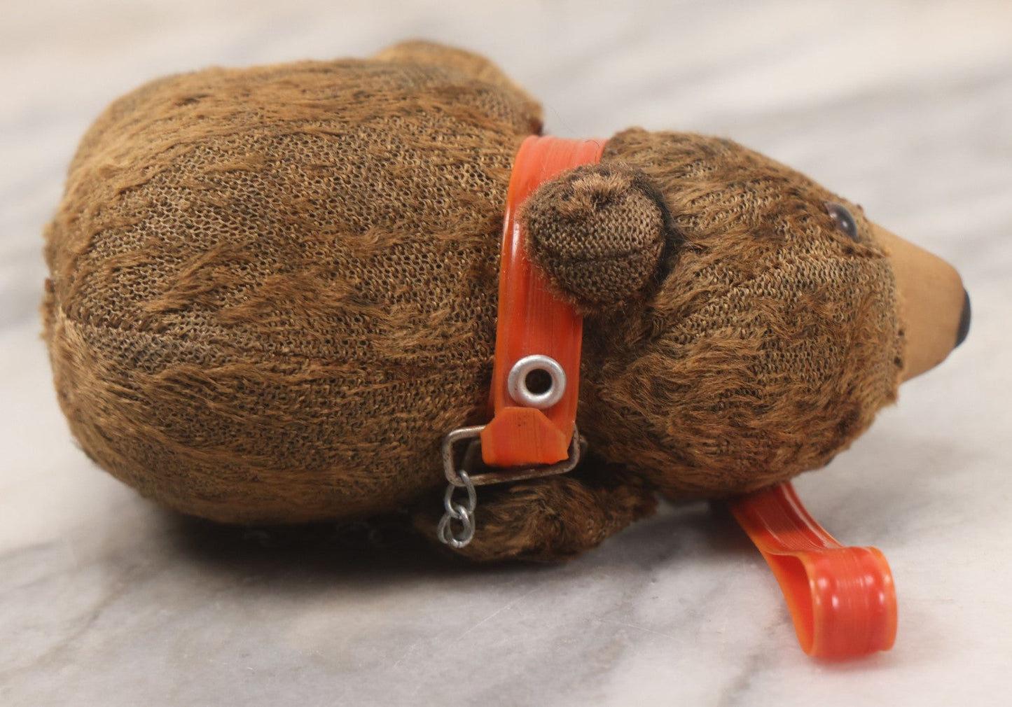 Lot 067 - Vintage Straw Stuffed Bear Toy With Rubber Nose, Collar, And Leash