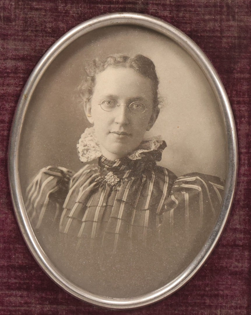 Lot 069 - Antique Purple Velvet Covered Photo Frame With Photograph Of Young Woman With Glasses, Note No Kickstand, Worn Velvet, 6" x 8-1/4"