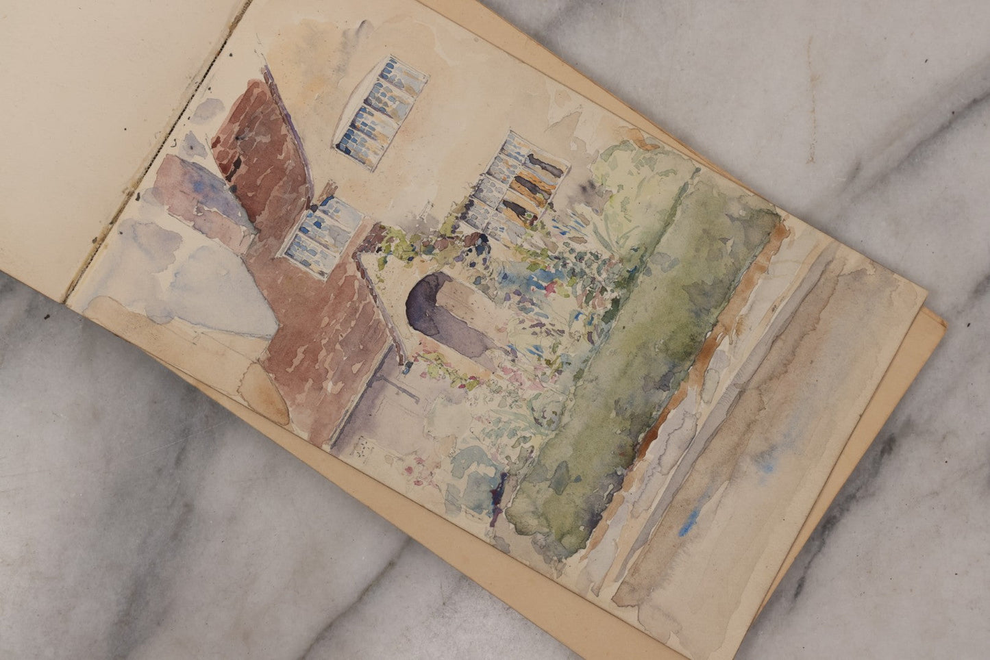 Lot 073 - Antique Architecture And Furniture Sketchbook, Containing Many Original Pencil Sketches Of Buildings, Furniture, Light Fixtures, And More, With Watercolors, Europe, Circa 1900 