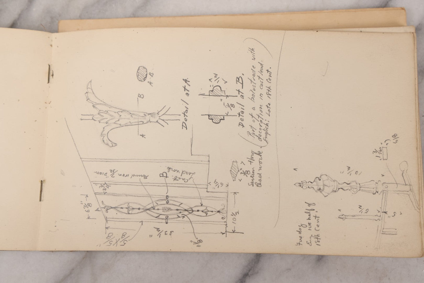 Lot 073 - Antique Architecture And Furniture Sketchbook, Containing Many Original Pencil Sketches Of Buildings, Furniture, Light Fixtures, And More, With Watercolors, Europe, Circa 1900 