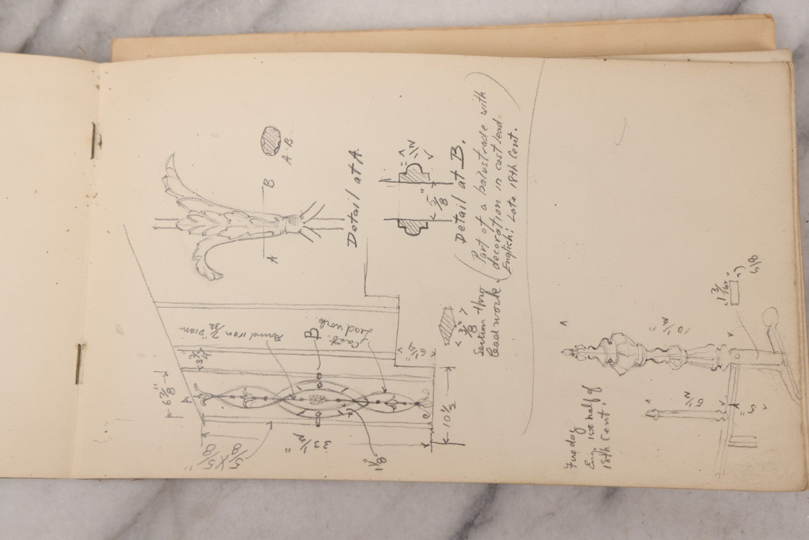 Lot 073 - Antique Architecture And Furniture Sketchbook, Containing Many Original Pencil Sketches Of Buildings, Furniture, Light Fixtures, And More, With Watercolors, Europe, Circa 1900 